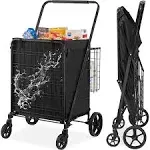 VEVOR Folding Shopping Cart with Removable Waterproof Liner, 330lbs Large Capacity Jumbo Grocery Cart with Dual Basket, 360° Swivel Wheels, Dense