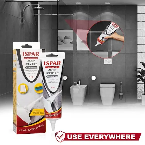 ISPAR Tile Grout Repair Kit (28 oz/ 800g) for Wall and Floors Tile Joints with Spatula and Sponge, Fill and Reviver The Joints, Quick-Drying, Ready Mixed Grout (Anthracite Grey (Pack of 2))