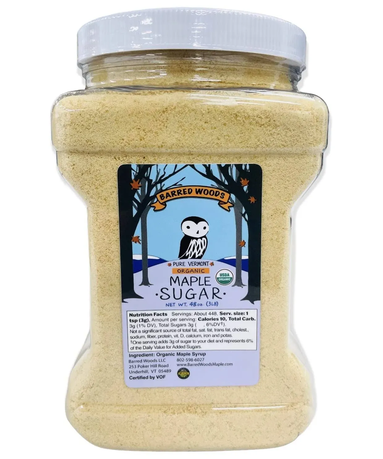 Barred Woods Maple Pure Organic Vermont Maple Sugar - 3 Pound Jar - Maple Sugar Granulated