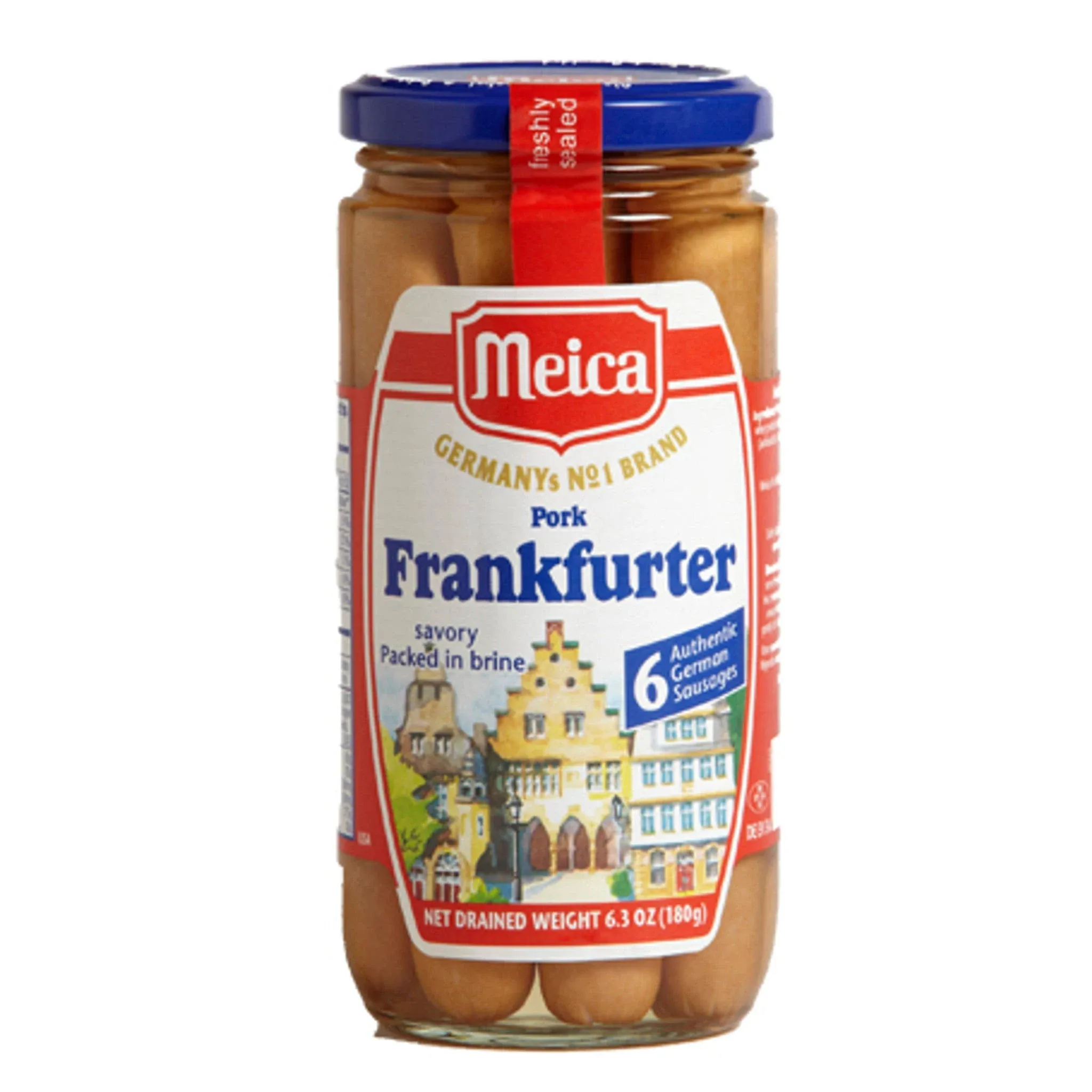 Meica Frankfurter, Pork, Savory, Packed in Brine - 6 sausages, 6.3 oz