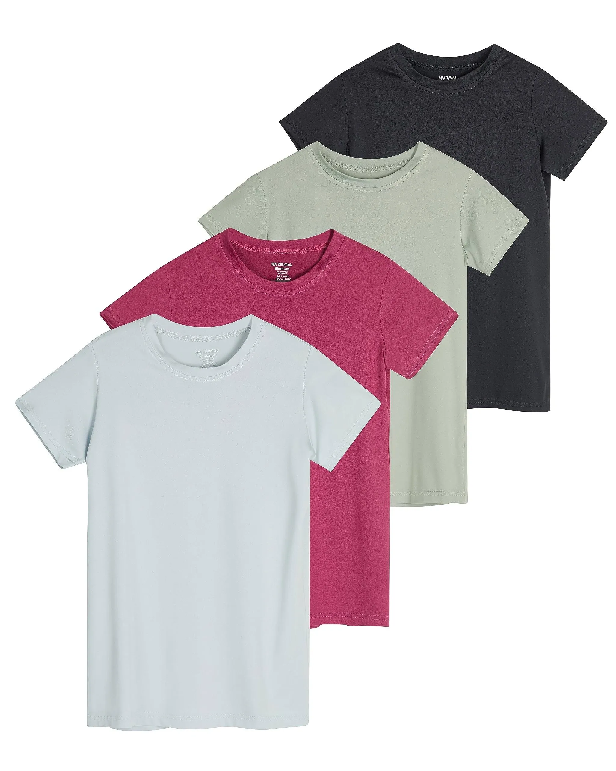 Real Essentials 4 Pack: Girls Short Sleeve Dry-Fit Crew Neck Active Athletic Performance T-Shirt