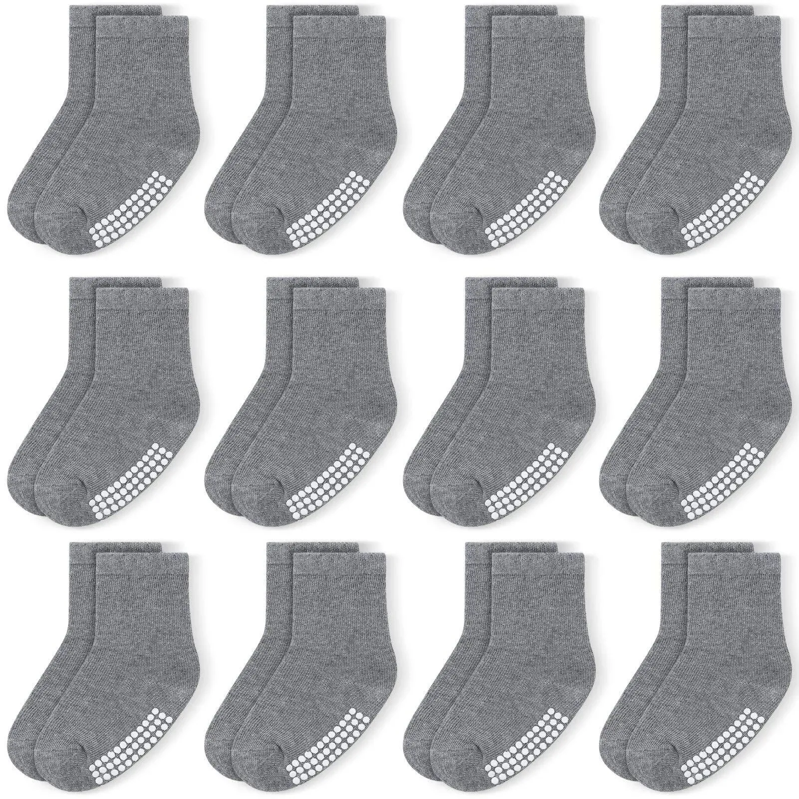 JAKIDAR 12 Pack Baby Socks Cotton Crew Toddler Socks Grips Non Slip Bottom Kids Socks, Gray 4-7t