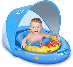 LAYCOL Baby Pool Float with UPF50+ Sun Protection Canopy & Toy Play Console，Infant Baby Floats for Pool，Adjustable Safety Seat，Toddler Pool Float for 3-36 Months