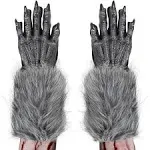 Skeleteen Werewolf Hand Costume Gloves - Grey Hairy Wolf Claw Hands Paws Monster Costume Accessories for Kids and Adults