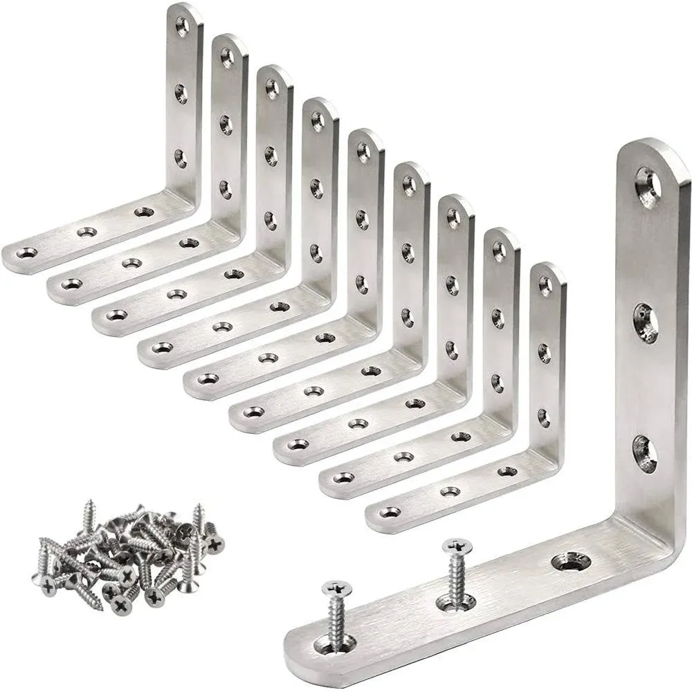 10 PCS L Bracket Stainless Steel Corner Bracket 3 x 3 inch Heavy Duty Right Angle Bracket for Wood Furniture, Metal Joint Corner Brace, with Screw