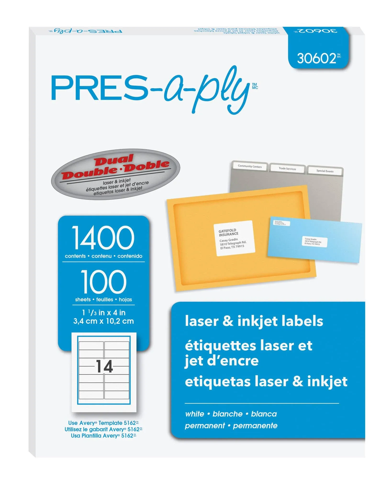 PRES-a-ply Laser Address Labels, 1.33 x 4 Inches, White, Box of 1400 (30602)