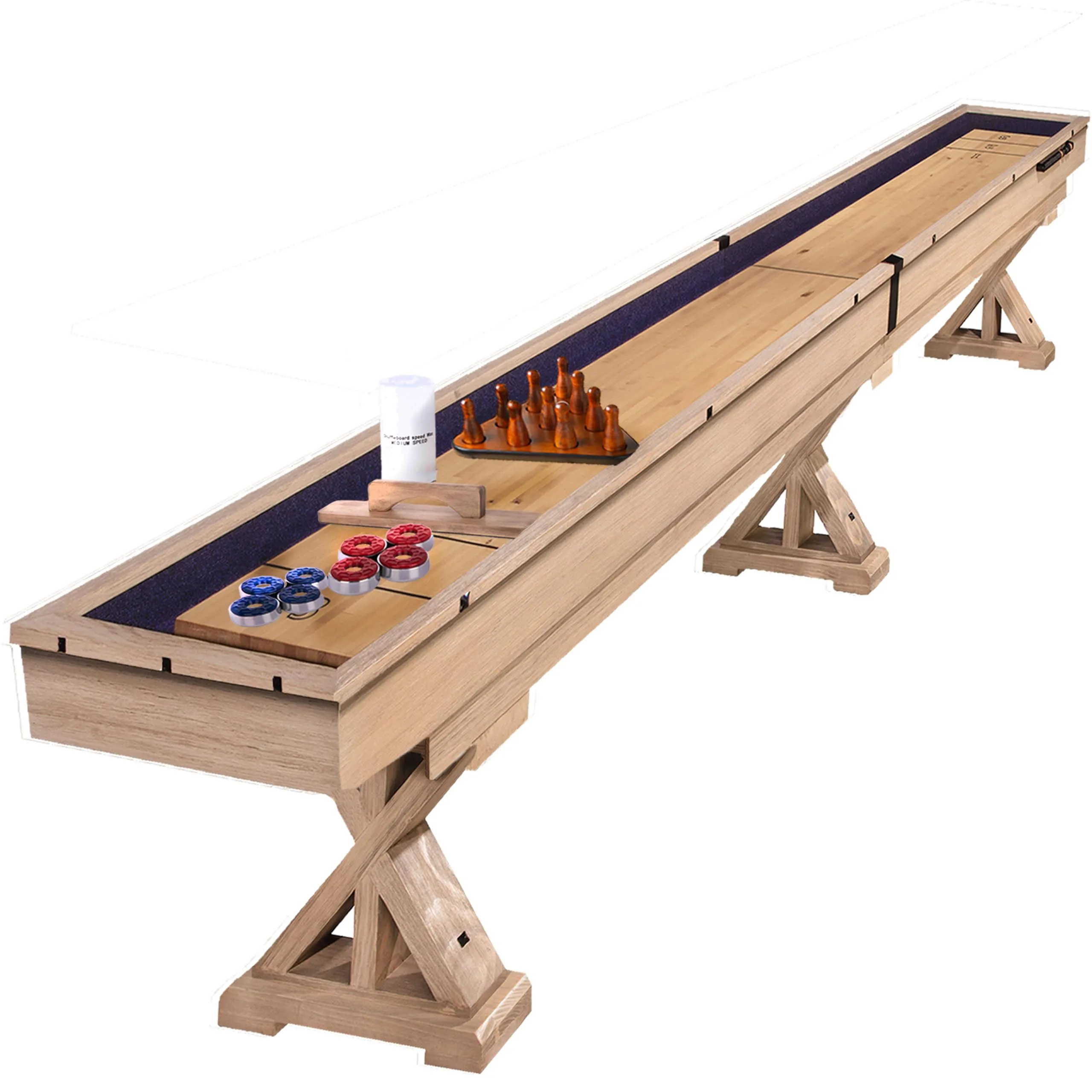 Freetime Fun 12FT Shuffleboard Multi Game Solid Wooden Table for Adults - Set Includes Bowling Pin Set, Pucks, Wax and Brush - Comes in 2 6' Pieces Goes Around Stairs & Hallways - RS4212