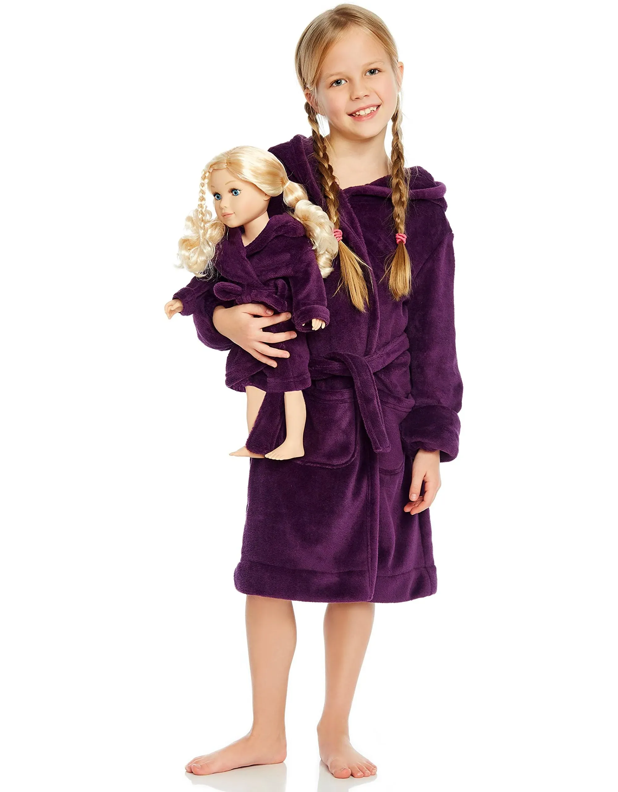 Girls and Matching Doll Fleece Hooded Robe Solid Color