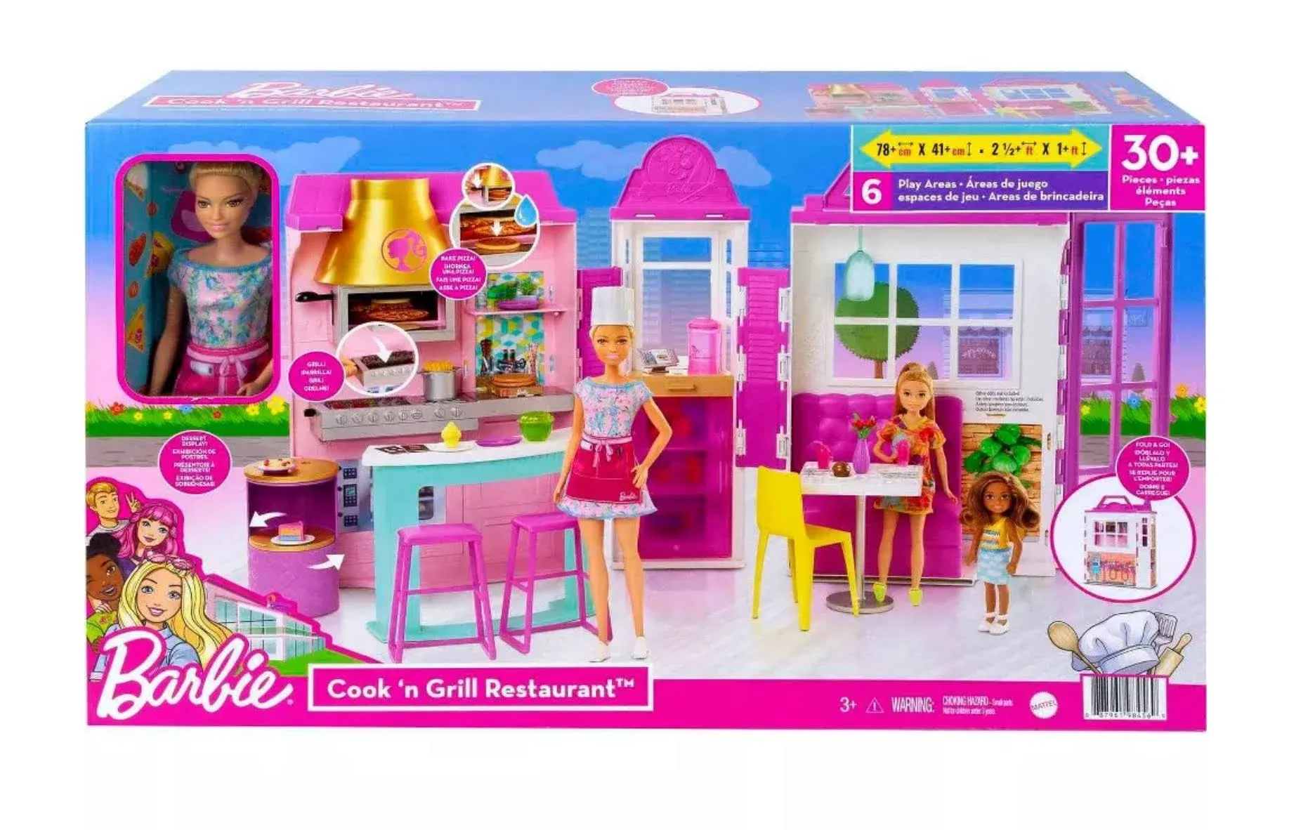 Barbie Cook ‘n Grill Restaurant Playset  30+ Pieces &amp; 6 Play Areas NEW