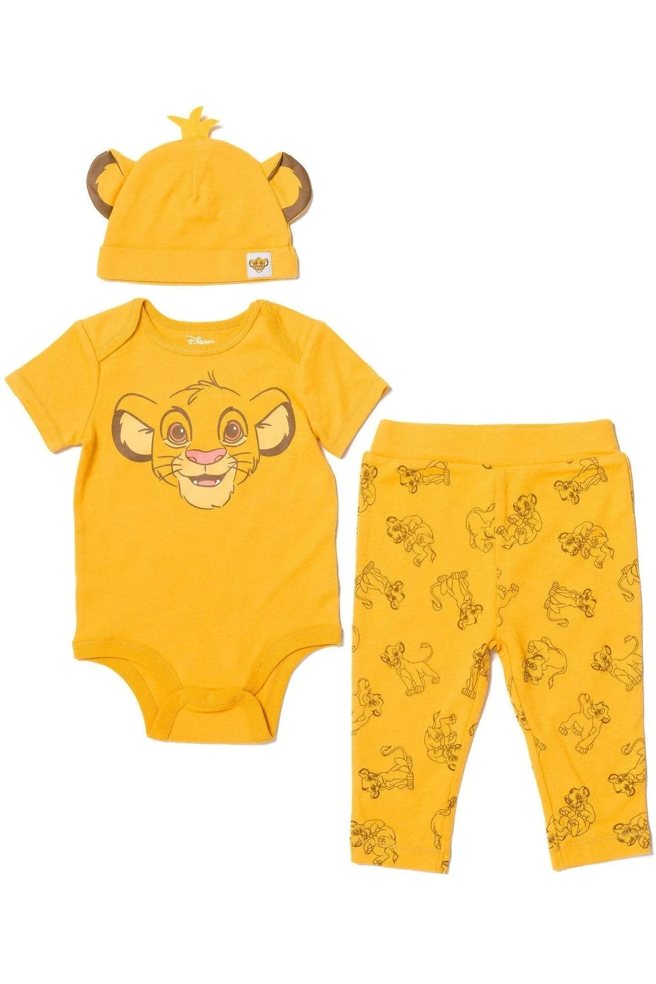 Disney Lion King Simba Newborn Baby Boy or Girl Bodysuit Pants and Hat 3 Piece Outfit Set Orange 6-9 Months