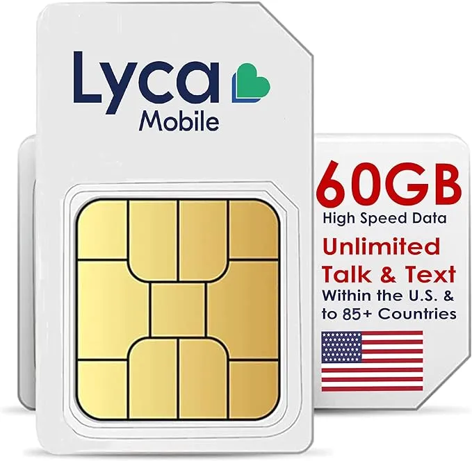 Lycamobile $59 Plan SIM Unlimited Talk/Text/Data to 100 Countries - 60GB 4G/5G