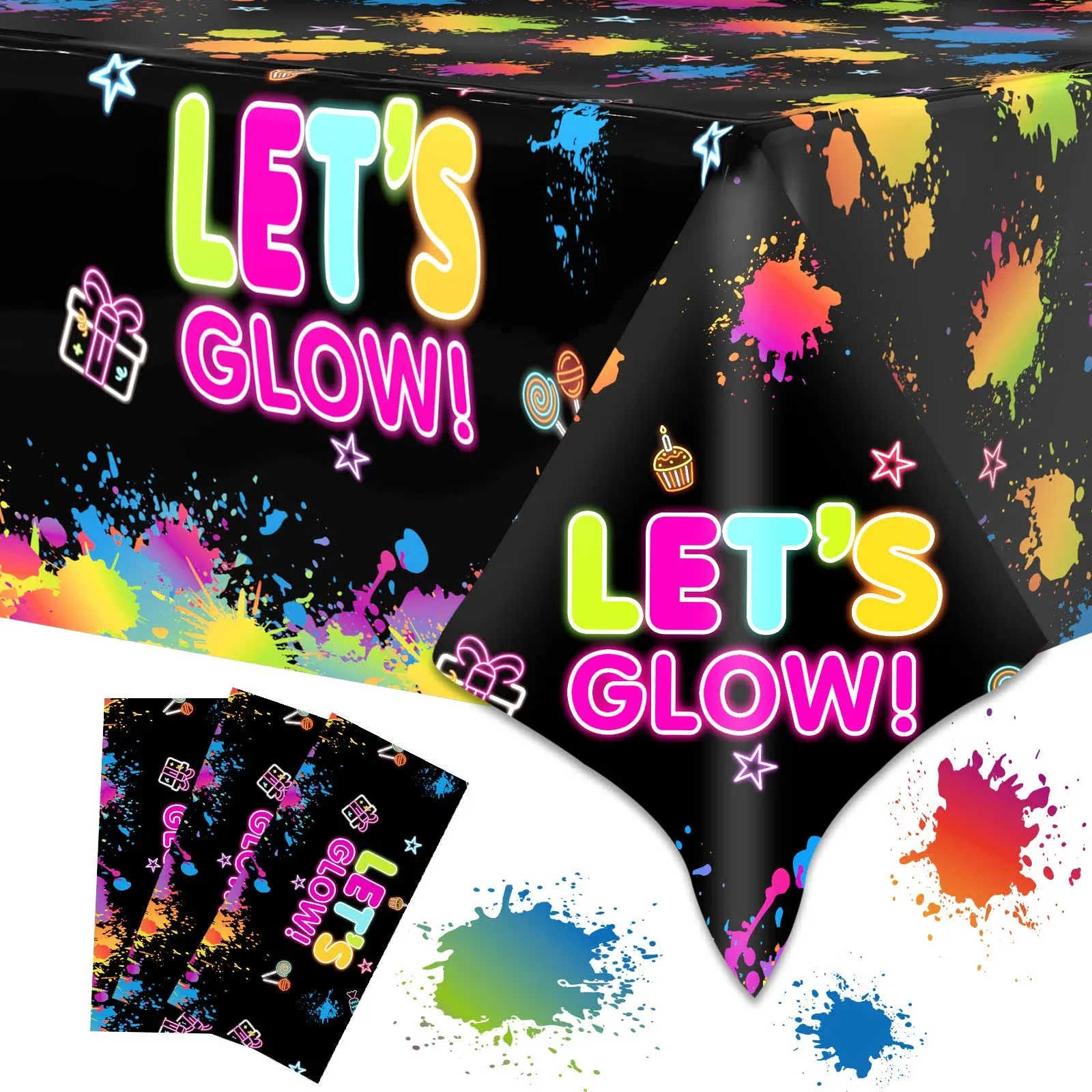 3 Pcs Glow Party Table Covers Neon Party Tablecloths Glow in the Dark Party Tabl