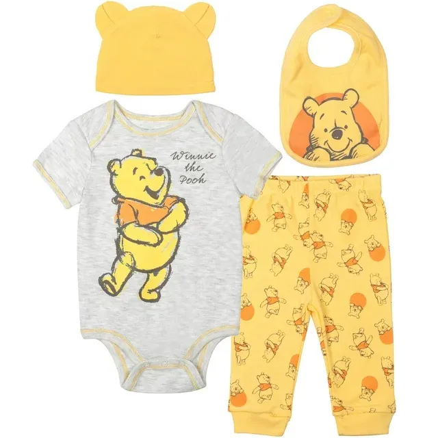 Disney Winnie the Pooh Infant Baby Boys Bodysuit Pants Bib and Hat 4 Piece Outfit Set Newborn to Infant