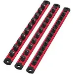 WORKPRO Magnetic Socket Organizer Set, 3-Piece Aluminum Alloy Socket Rail, Heavy Duty Socket Holder, Socket Rack Kit 1/4-Inch x 12 Clips, 3/8-Inch x 10 Clips, 1/2-Inch x 10 Clips (Red)