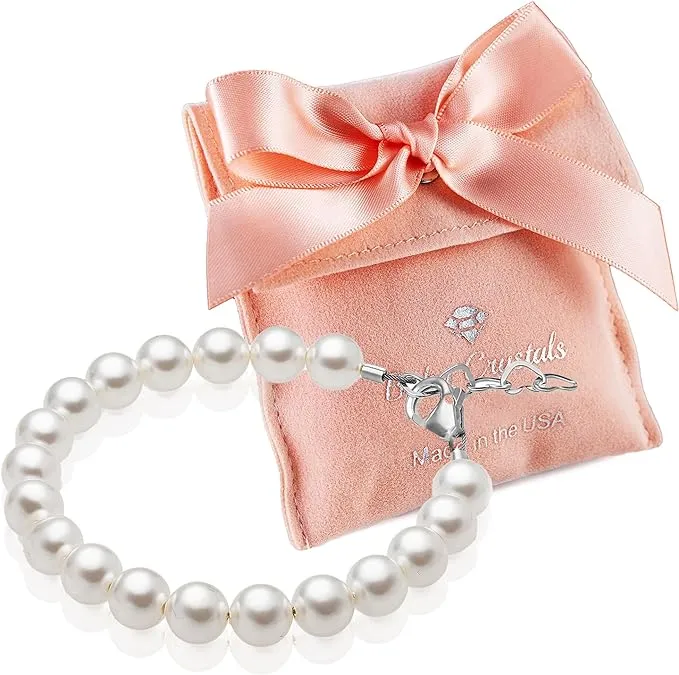 Baby Crystals Delicate Sterling Silver Bracelets for Girls with High End White European Simulated Pearls, Elegant Girls Jewelry, Pearl Bracelet for