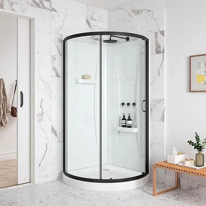 OVE Decors Breeze 32 in. Corner Shower Sliding Door, With Included Walls and Base, Clear Glass and Black Finish