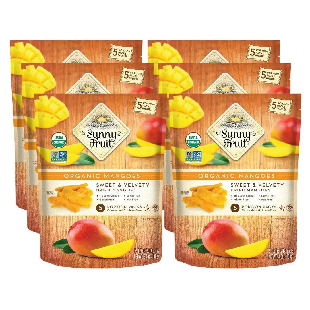 Sunny Fruit Soft Organic Dried Mangoes - 6 Bags (30 Individual Portion Packs) | Healthy, Convenient Snack Packs | NON-GMO, VEGAN, HALAL, KOSHER, NO PRESERVATIVES, NO SULFIDES, NO SUGAR ADDED