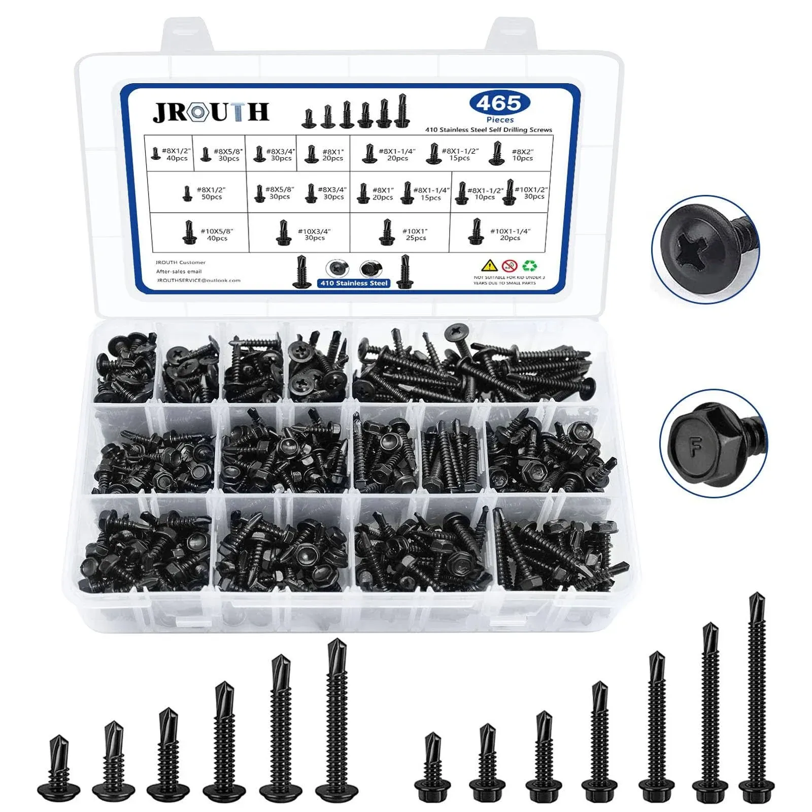 465 PCS Self Drilling Screws, 410 Stainless Steel Self Tapping Screws #8#10 for Metal-2 Type Head（Hex/Round）1/2" to 2" Sheet Metal Screws Assortment Set for Building, Metal, Wood, and Plastic