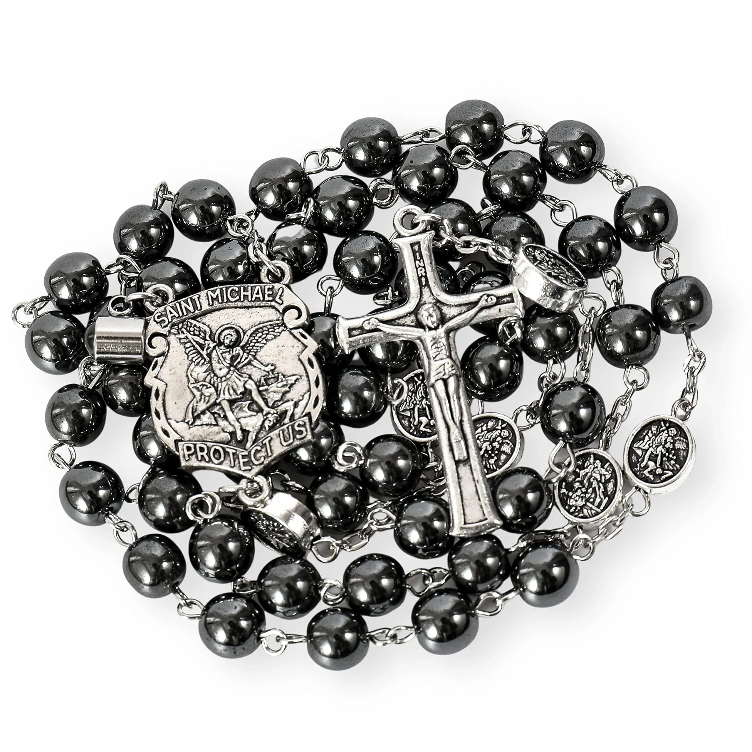 Nazareth Store Hematite Rosary Black Stone Beads Necklace Projection Our Father Prayer Medal with St. Michael Centerpiece and Crucifix