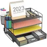 BH 4-Trays Desktop File Organizer with Pen Holder | Paper Letter Tray with Drawer and 2 Pen Holder | Mesh Office Supplies Desk Organizer for Home Office