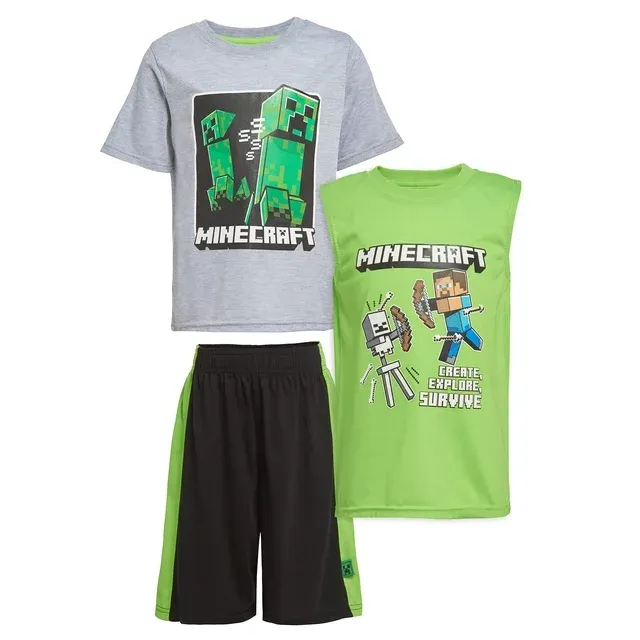 Minecraft Boys Creepers 3 Piece T-Shirt Tank Top Short Set