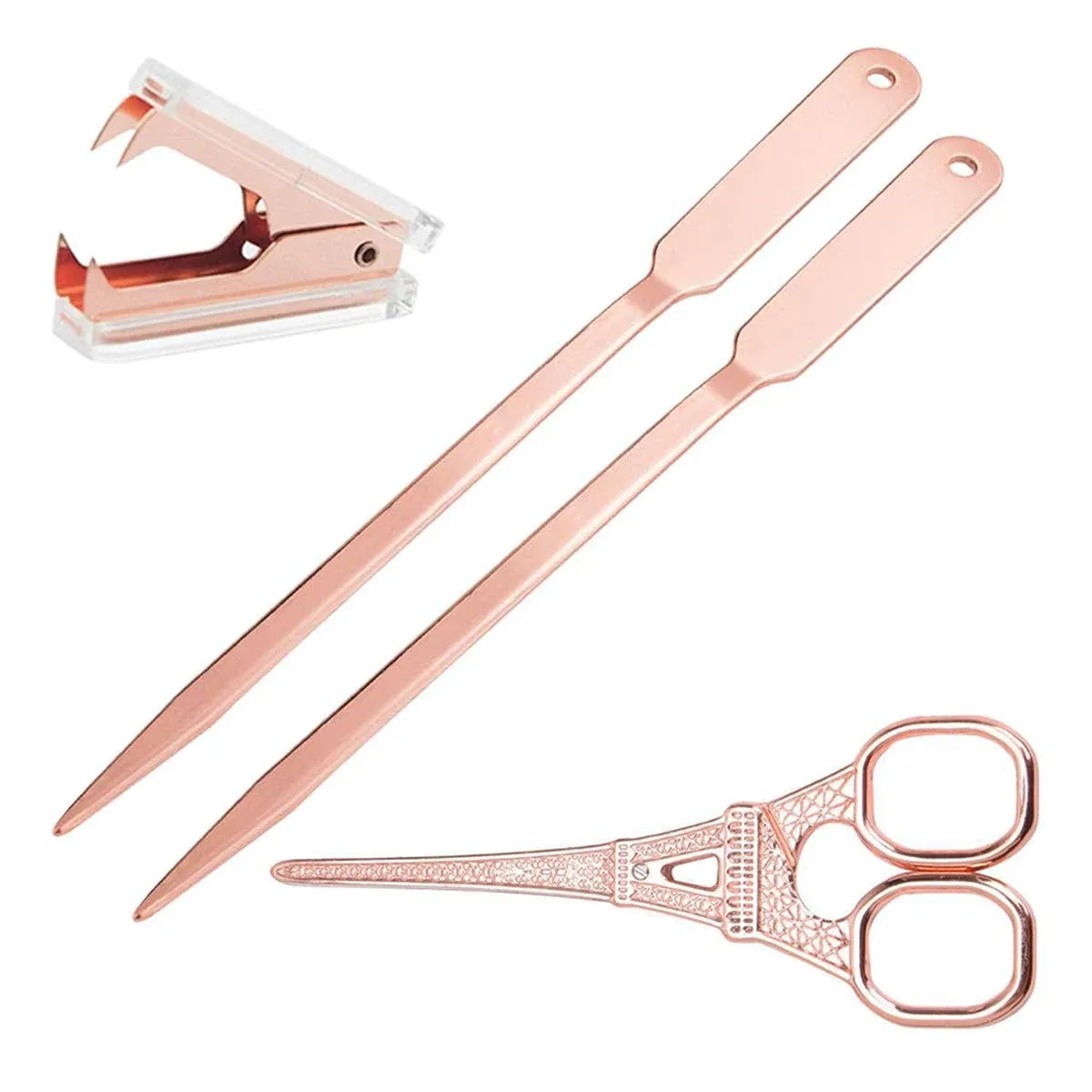 Rose Gold Desk Accessories Set - Scissors, Staple Remover and 2 Letter Openers, Luxury Rose Gold Office Supplies & Desk Decorations