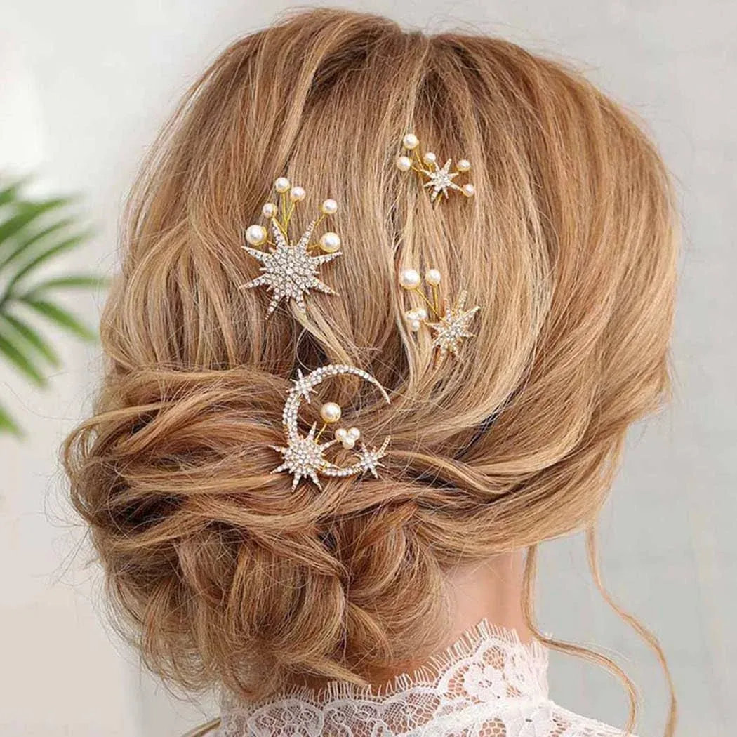 Star Bride Wedding Hair Pins Gold Moon Bridal Hair Pieces Pearl Hair Accessor...