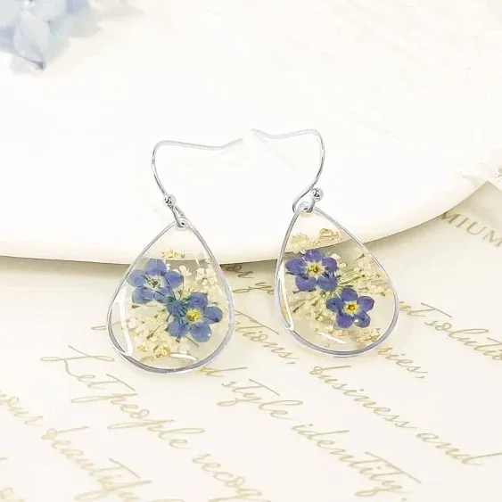 Pressed Flower Earrings,Handmade Forget-Me-Not and Queen Anne's Lace Pressed ...