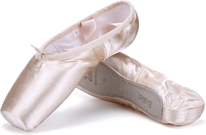 WENDYWU Professional Ballet Pointe Shoe for Kids Girl and Ladies Pink PU Soled Ballet Pointe Dance Shoes with Toe Pads