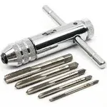 QISF Adjustable Silver T-Handle Ratchet Tap Holder Wrench with 5pcs M3-m8 3mm-8mm Machine Screw Thread Metric Plug T-Shaped Tap