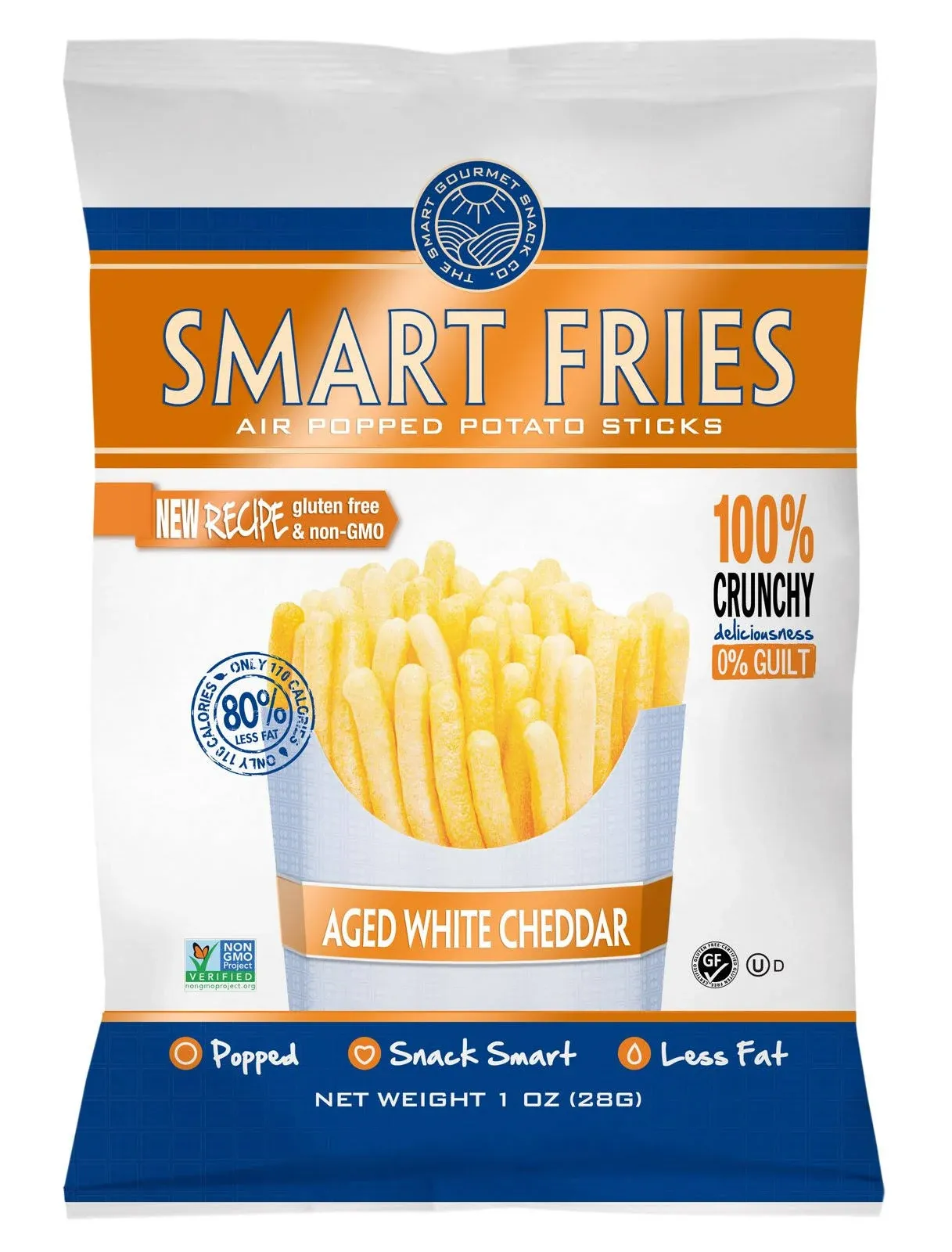 Gourmet Basics Smart Fries Air Popped Potato Fries, French Fries, Potato Sticks Individual Bags, Fry Chips Family Size, Low Calorie Chips, Non-GMO, Gluten Free, White Cheddar - 1 oz Bags (24 Pack)