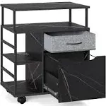 Mobile Lateral Large File Cabinet with Open Shelves and Sliding Drawers, Wood and Metal, Black Marbled