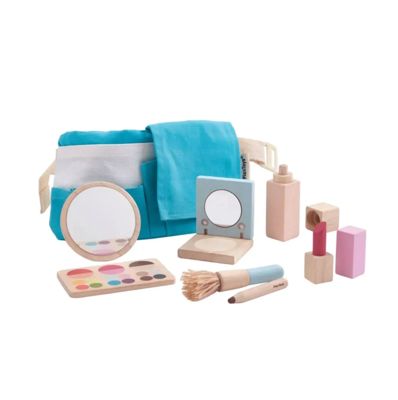 PlanToys Make Up Set for Kids - Sustainably Made from Rubberwood Featuring Organic-Pigment Coloring and Water-Based Dyes with a Mirror, Brush, Bag, and 5 Pieces of Makeup