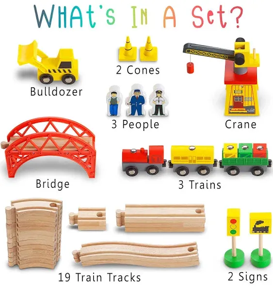 Kipipol Wooden Train Sets for Boys 2-4-7 – 38 Pcs Wood Train Set for Toddlers w/Crane, Bridge & Wooden Train Tracks – Train Toys for 3 Year Old Boys