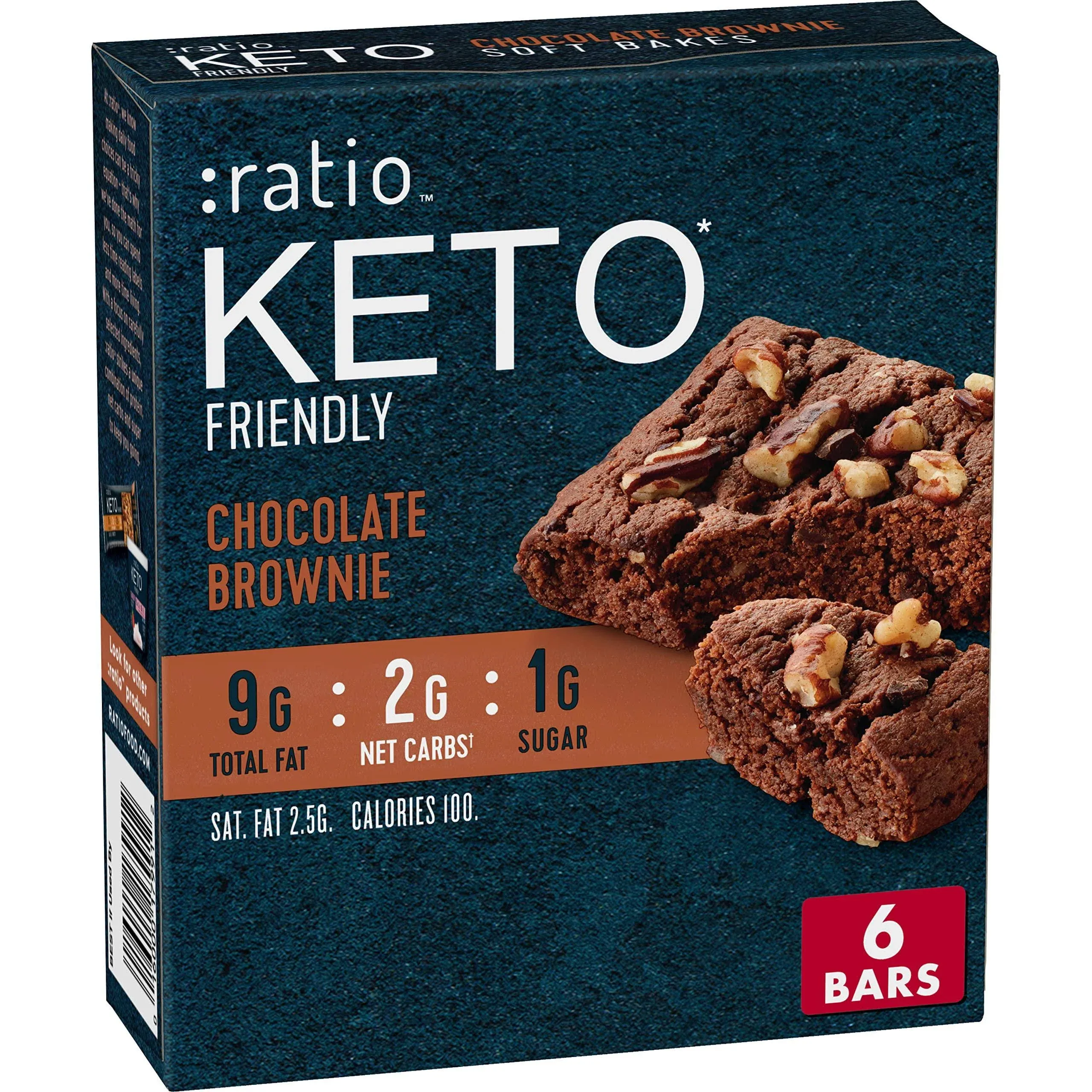 Ratio Soft Baked Bars, Chocolate Brownie, 1g Sugar, Keto Friendly, 5.34 oz (6 Bars)