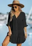 Women&#039;s Beach Cover Up Summer V-Neck Ruffled Dress Beach Sun Protection Cover.