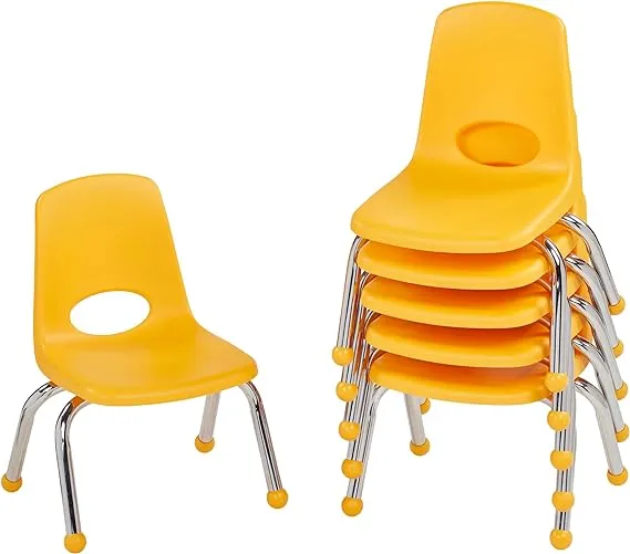 FDP -10355 10" School Stack Chair, Stacking Student Seat with Chromed Steel Legs and Ball Glides; for In-Home Learning or Classroom - Yellow (6-pack)