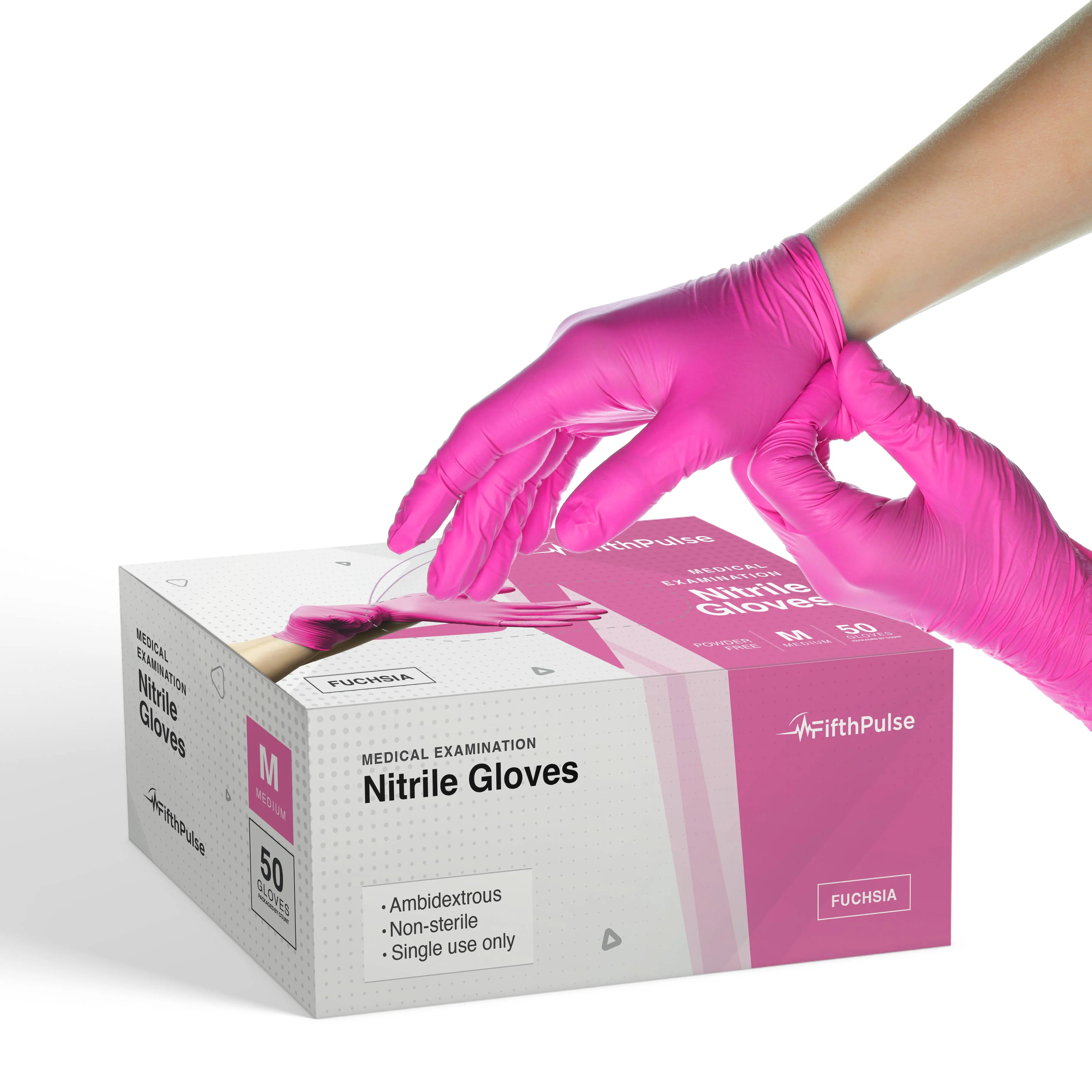 FifthPulse Nitrile Exam Latex Free & Powder Free Gloves - Box of 50 Gloves, Fuchsia