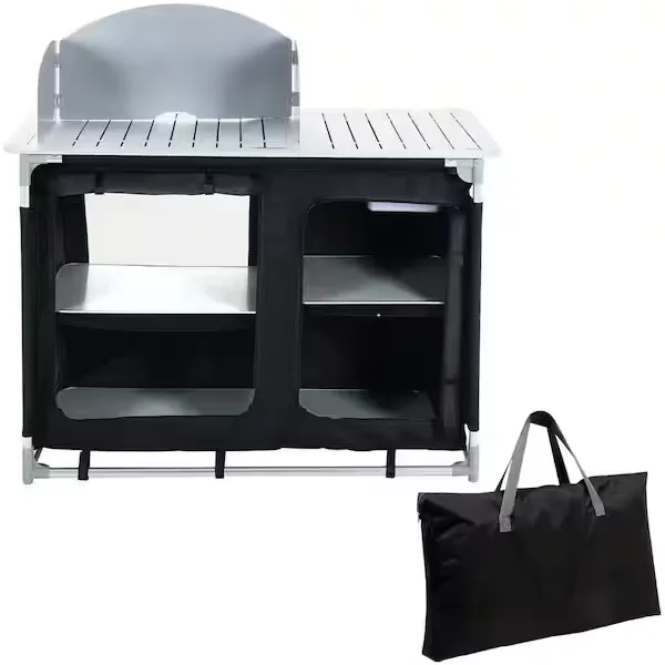 VEVOR Aluminum Portable Camping Kitchen, Folding Cooking Table with 48" Tabletop, Detachable Windscreen Storage Organizer & Carrying Bag Outdoor Grill Station for Picnic BBQ & Backyards, Black