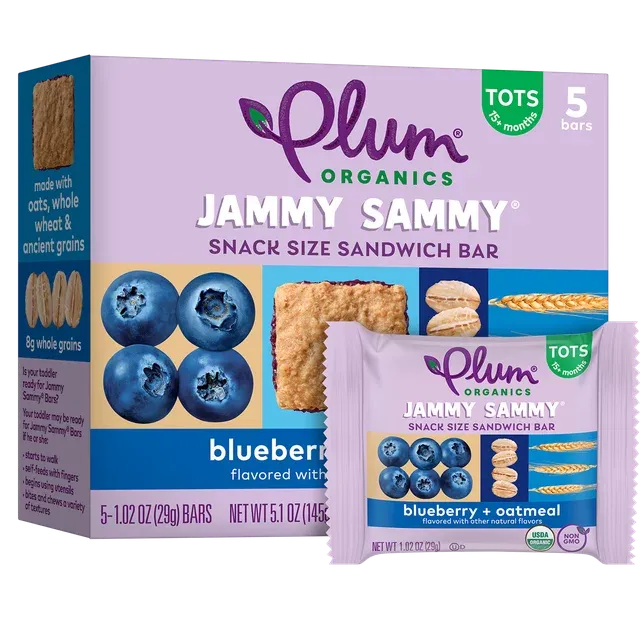 Plum Organics | Jammy Sammy Snack Bars | Organic Toddler & Kids Snacks | Blueberry & Oatmeal | 1.2 Ounce Bar (30 Total) | New Look, Packaging May Vary