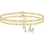 Ursteel Ankle Bracelets for Women, 14K Gold Plated Dainty Layered Figaro Chain CZ Initial Anklets Set Summer Jewelry Gifts for Women Teen Girls