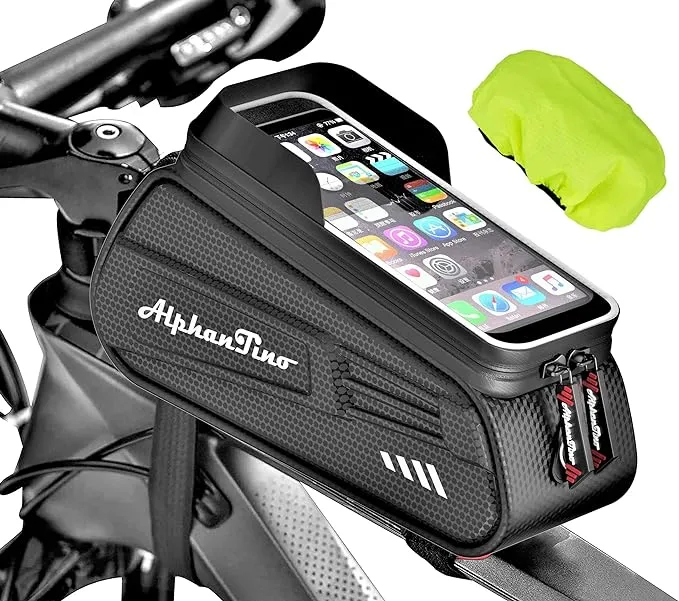 Bike Phone Holder Bag - Waterproof Bicycle Frame Bag Hard Case Large Capacity Top Tube Front Frame Cycling Mount Accessories Pouch, TPU Touch-Screen & Sun-Visor (Red Zipper)