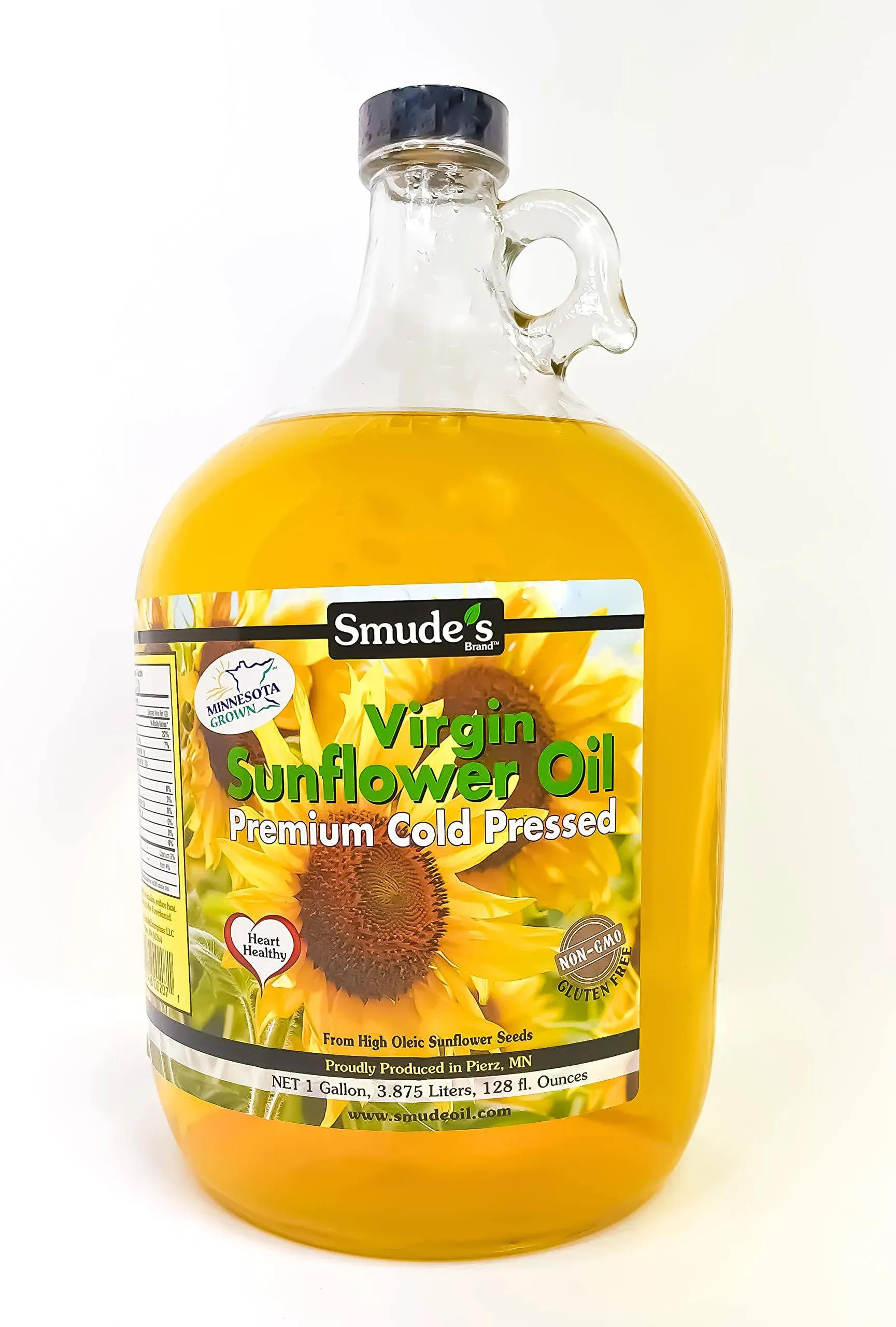 Smude's Brand Cold Pressed Sunflower Oil – 1 Gallon (128 oz.) Glass Bottle | Healthy & Versatile Cooking Oil, High Oleic, Heart Healthy | All Natural, Chemical Free, 100% Pure, Unrefined | Gluten Free, Dairy Free, Non-GMO, Vegan, Kosher