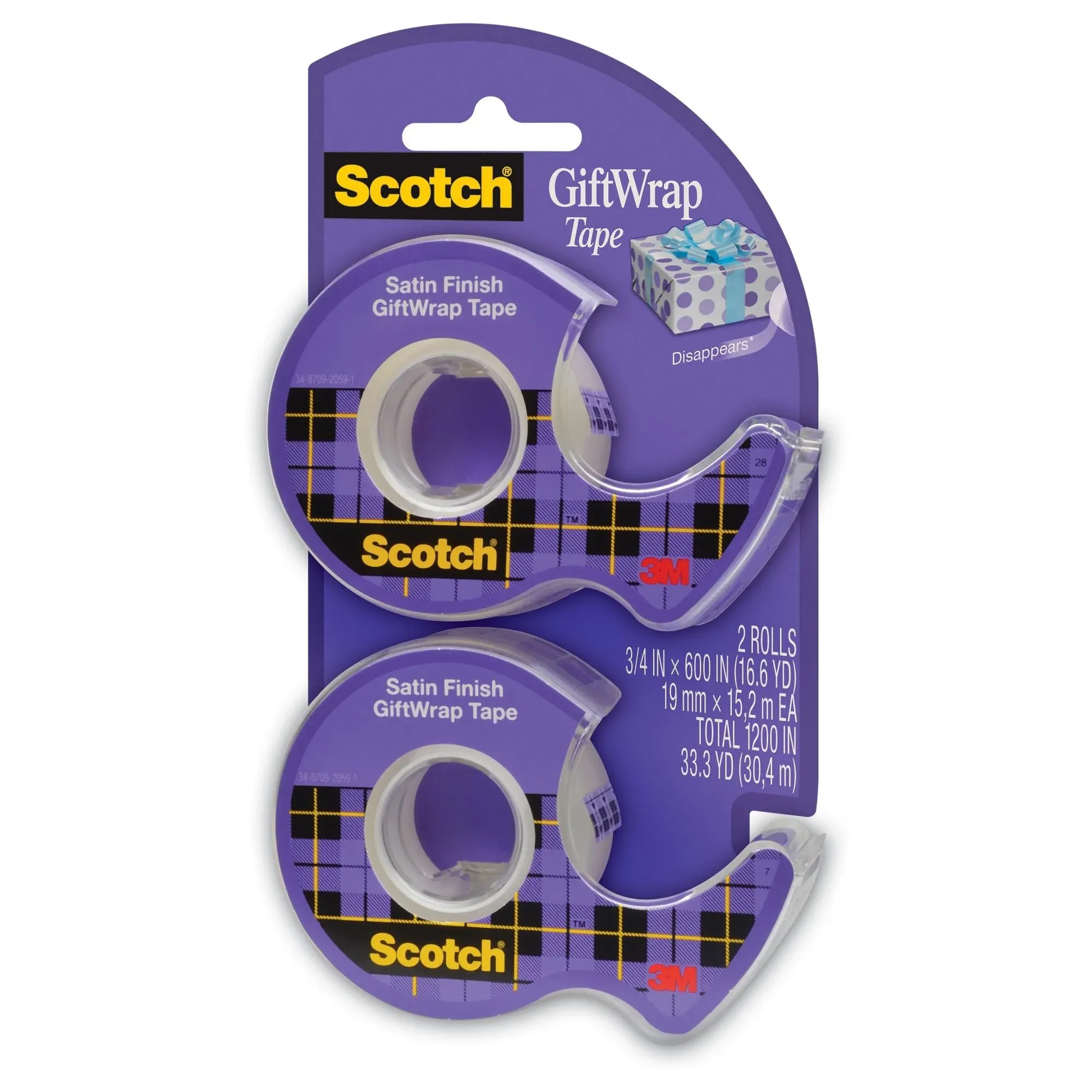 Scotch Gift-Wrap Tape, 2 Rolls, The Go-to Tape for Holiday Gift Wrapping, 3/4 x 600 Inches, Dispensered (15DM-2)