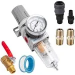 Nanpu 1/4 inch NPT Compressed Air Filter Regulator Combo Piggyback, 5 Micron Brass Element, Poly Bowl, Semi-Auto Drain, Metal Bracket, 0-150 psi Gauge