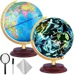 Illuminated World Globe for Kids & Adults All Ages with Wooden Stand 7 in 1- Night View Stars Map Constellation Globe with Detailed Colorful World,Built-in LED Bulb, Educational Gift