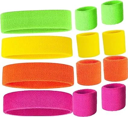 Zilo Novelties Neon Sweatbands Set Includes Pink, Yellow, Green and Orange Headband and Wristbands, Sweat Bands Headbands for Women with Matching