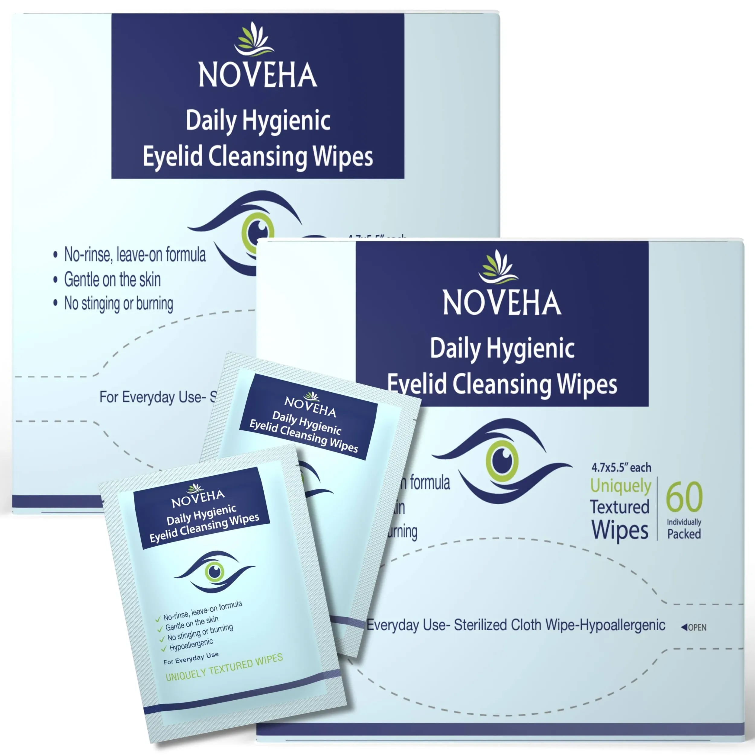 NOVEHA Daily Hygienic Eyelid & Lash Wipes | For Blepharitis & Itchy Eyes, Demodex | Box Of 60 Individually Wrapped Eyelash Wipes, Natural Makeup Remover & Daily Cleanser