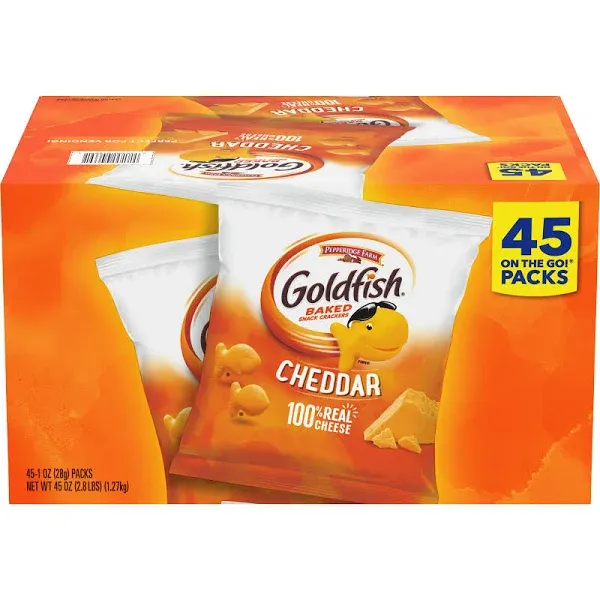 Goldfish Snack Crackers, Cheddar, Baked - 45 pack, 1 oz packs