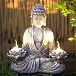 IVCOOLE Buddha Statue Zen Sculpture 11.4in Yoga Garden Decor with LED Solar Lotus Lights, Sitting Meditating Buddha Serene Resin Figurine for Patio